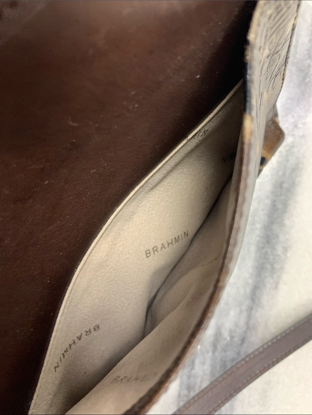 Brahmin Brown and Black Embossed Leather Crossbody with Tassel - Picture 6 of 10